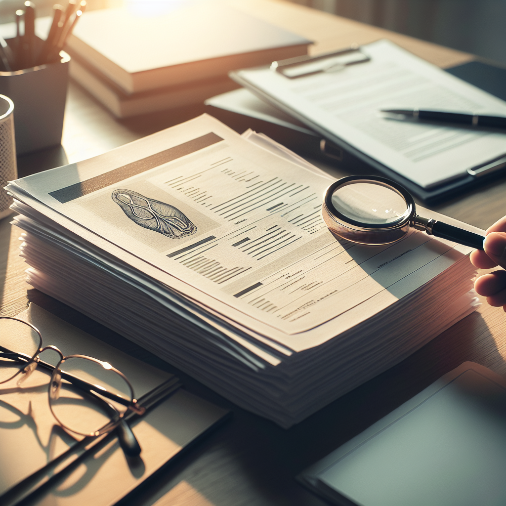 Create a visually detailed representation of a professional setting, perhaps an office or a courtroom, where medical records are being presented as crucial evidence in a harmful suit. These could be displayed on a wide desk with the light creating soft shadows on the pile of documents. Alongside, a pair of glasses and perhaps a cup of coffee could be seen, showcasing the exhaustive work put behind. Use natural lighting to enhance the realism of the scene.