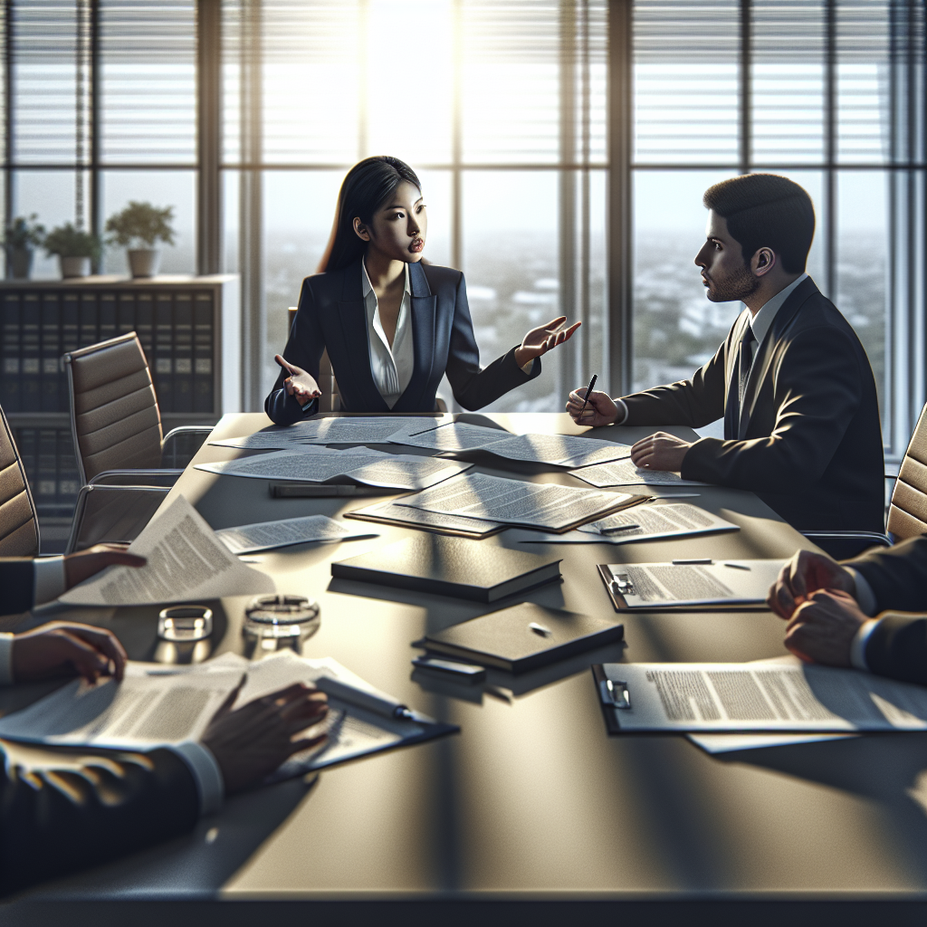 Create a high-quality, photorealistic image illustrating a pharma settlement negotiation scenario. The scene should involve a South Asian female lawyer negotiating passionately across a table strewn with papers and legal documents. The other party is a Hispanic male executive, they look open to discussion and thoughtful. The backdrop is a well-lit corporate office room, with sunlight filtering through broad windows creating soft shadows on the table and room interiors. The overall ambience should reflect the seriousness, diligence and tension in the room, indicating potential high compensation. Please do not include any explicit logos or identifiable features.