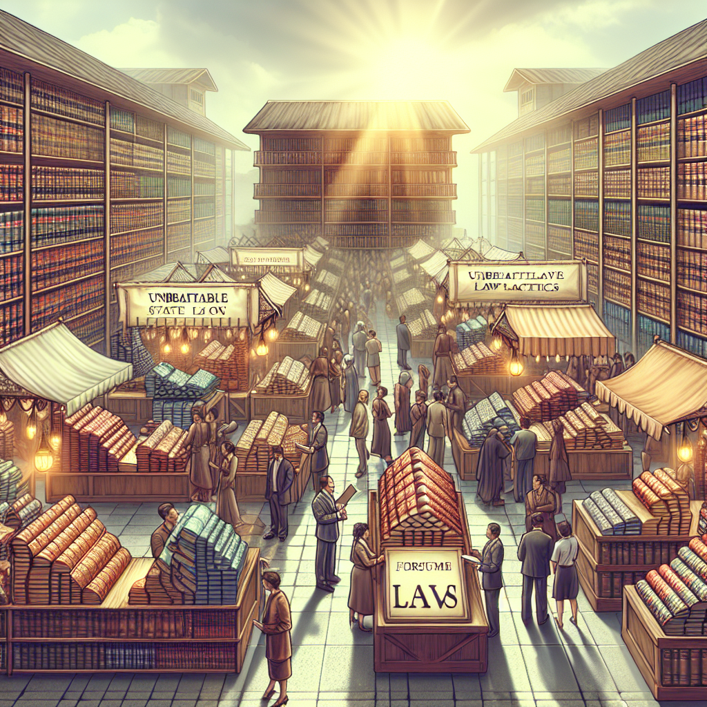 An image representing a metaphorical concept of 'Unbeatable State Law Tactics' in a forum shopping setting. Picture a lively open market, flooded with natural sunlight flanked by neatly arranged stalls each selling thick law books and scrolls pertaining to different jurisdictions. Each book and scroll depict state laws, shining under the soft casting shadows. Shopkeepers are engaged in enthusiastic discussions about the unbeatable tactics, while customers, individuals of various descent and gender, browse and inquire about the products.