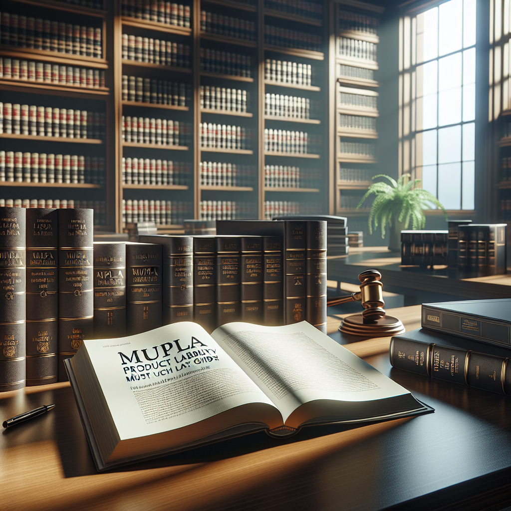 A photorealistic image in a law library setting. In the foreground, there is a large open book titled 'MUPLA Product Liability: Must-Have Federal Act Guide' under the natural sunlight. Around, we can see several other law books and legal documents softly illuminated by ambient light, casting soft shadows. The room emanates a serious and studious ambience. The lighting is perfect, casting a natural glow over everything.