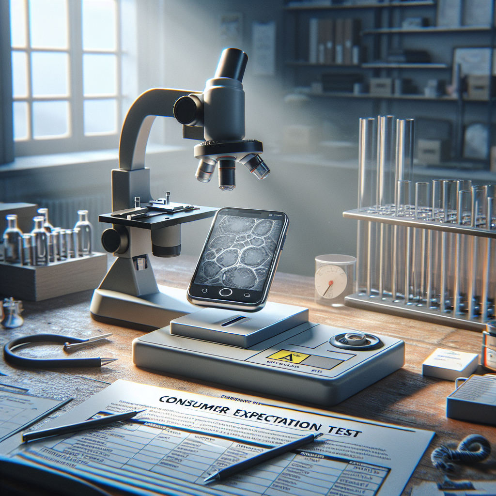 Create a high-quality, photorealistic image that tells a story of a generic product going through the Consumer Expectation Test. The product, perhaps an electronic gadget, reveals shocking defects under the scrutiny of the test. The scene is filled with natural daylight streaming through a window, casting soft shadows on the carefully structured testing room and the objects within it. Among the items, show a microscope, benchmark reports, and quality control checklists scattered on the table.