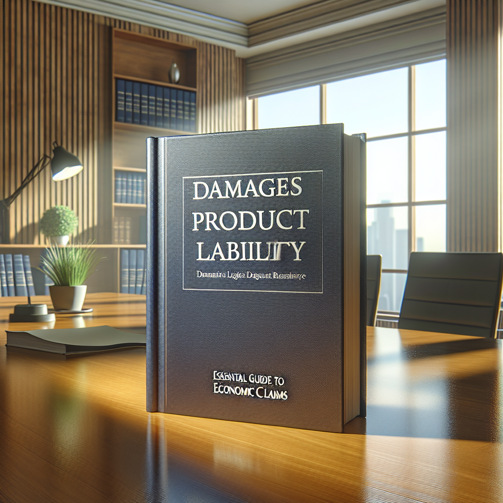 Design a realistic image that represents the theme of 'Damages Product Liability'. Feature a scene set in a corporate environment with a large book on a polished wooden desk. The hardcover book is titled 'Essential Guide to Economic Claims'. Natural sunlight filters in through a nearby window creating soft shadows around the room.