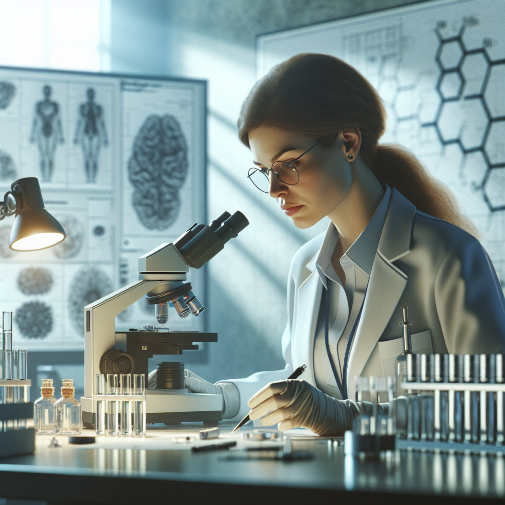 Create a photorealistic image that portrays a scene within a forensic toxicology lab. There is an expert toxicologist, a Caucasian woman in her mid-forties with glasses, focused on her work. Around her are arrayed the tools of her trade: microscopes, vials of samples, and complex medical diagrams. She is in the process of deciphering some crucial evidence. The setting is naturally lit, creating soft shadows, infusing the scene with an atmosphere of determined investigation and discovery.