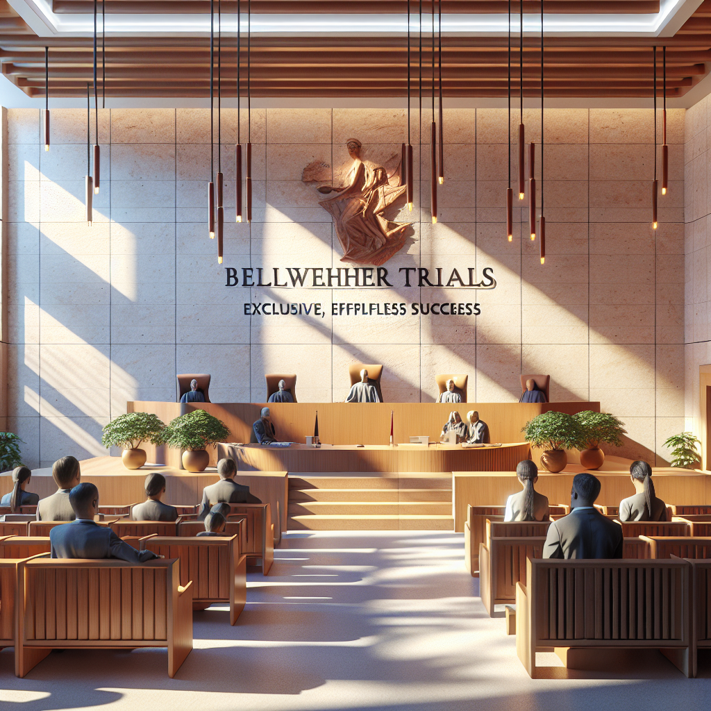 A scene depicting a prestigious modern courtroom filled with natural sunlight, casting soft shadows around. A large plaque with the inscription 'Bellwether Trials MDL: Exclusive, Effortless Success' is prominently mounted on a sandstone wall behind the judge's bench. The courtroom is adorned with mahogany wood furniture including the counsel tables and witness stand. Observers keenly following the proceedings are seen seating in the divided spectator area. A sense of serenity and achievement is palpable in the atmosphere.