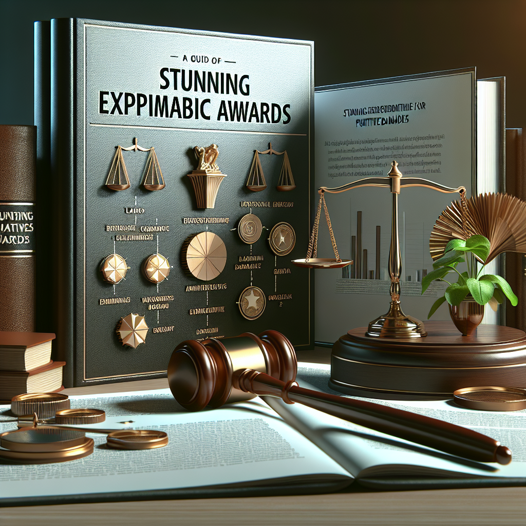 An image depicting a guide on punitive damages. The image should illustrate the concept of 'stunning exemplary awards'. This image might include elements such as law books, a gavel, scales of justice, and perhaps an infographic or a series of bullet points outlining the criteria for punitive damages. The overall tone of the image should convey seriousness and professionalism, along with an element of elegance and prestige. In terms of aesthetics, the image should be high-quality and photorealistic with natural lighting and soft shadows.