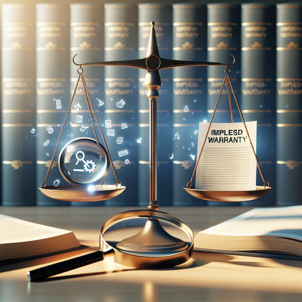 Create a photorealistic image displaying a well-lit environment using soft shadows. In this environment, visualize a balanced scale representing 'express and implied warranties.' On one side of the scale, place a clearly visible contract labeled 'Express Warranty,' and on the other side, an icon or symbol representing the 'Implied Warranty.' Accomplish a background that's filled with legal books and a magnifying glass beside the scale, implying detailed scrutiny. Note that this should represent an abstract concept in the context of legal understanding.