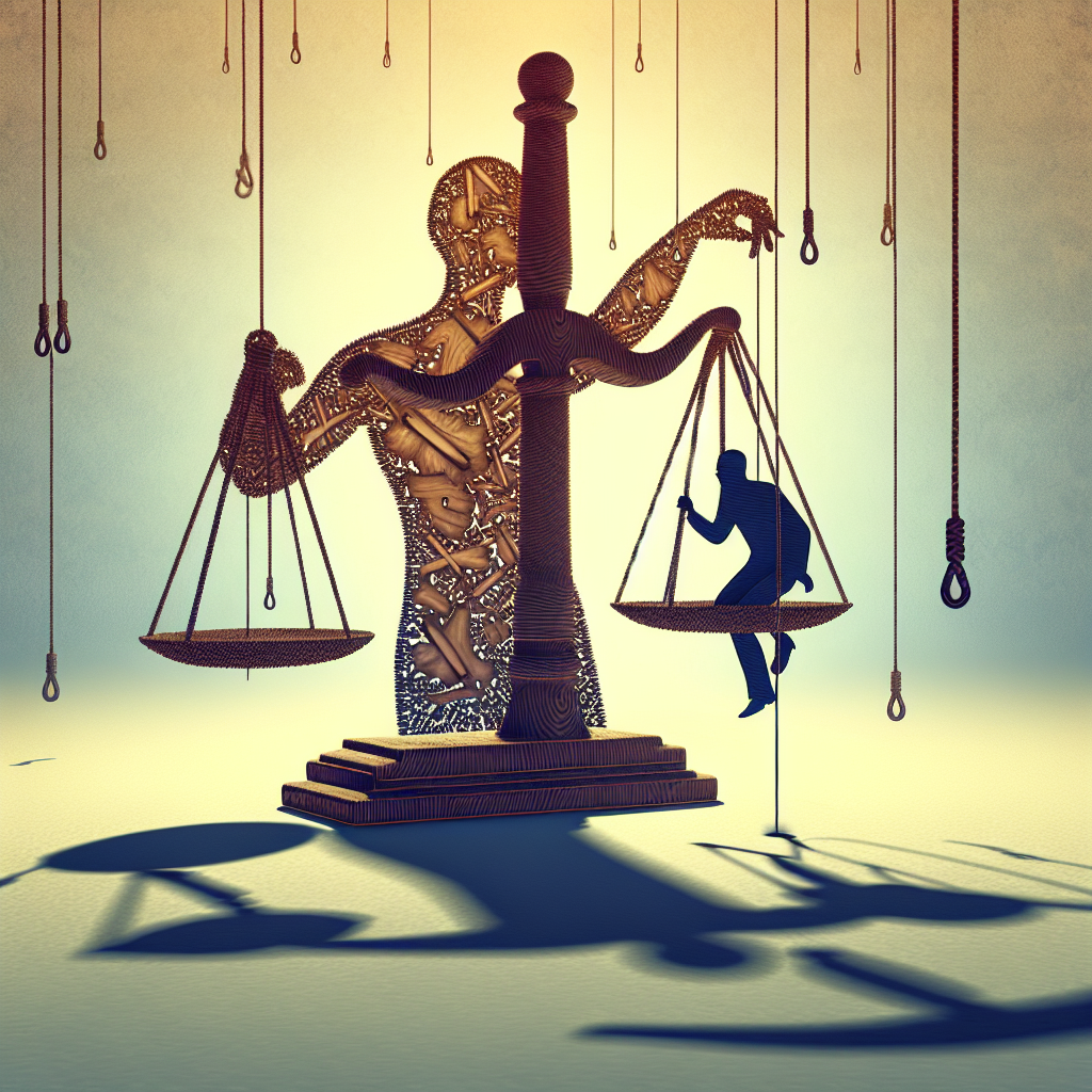 Generate a complex and detailed image depicting the concept of 'contributory negligence' as an abstract illustration. Visualize this legal concept as a representation of balanced scales that are uneven, signifying the imbalance of responsibility. Include a shadowy figure in the background manipulating the scales using strings, this figure symbolizes the sneaky legal tactics. Ensure to use natural lighting and soft shadows to add depth and make the image photorealistic.