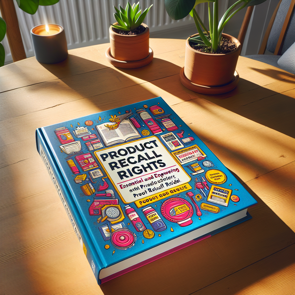 A detailed and enlightening image showcasing a hardcover book titled 'Product Recall Rights: Essential and Empowering Guide'. This book is placed at the center of a beautifully arranged wooden table, the cover is vibrant with illustrations related to product safety and quality. Natural sunlight is beaming into the room casting soft shadows around, creating a captivating visual experience.