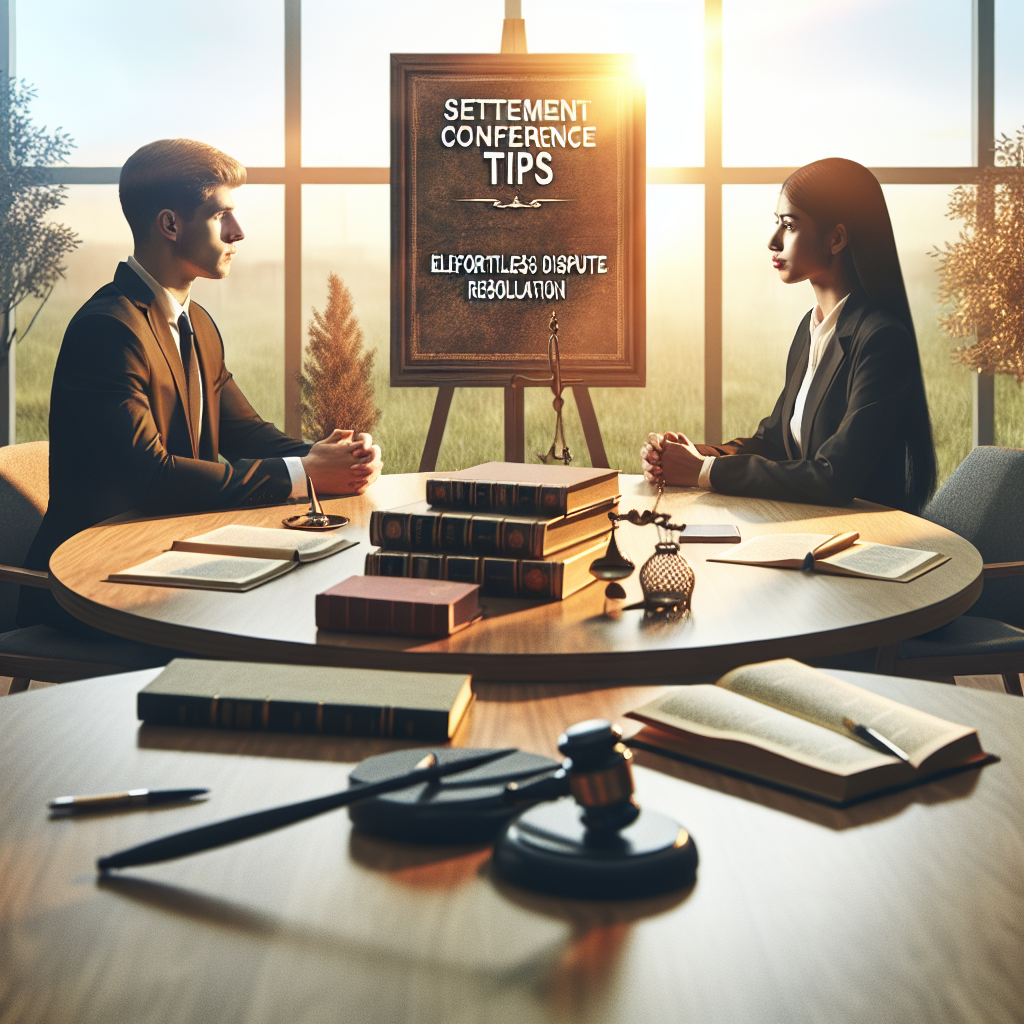 Image of a round wooden negotiation table in a beautifully lit room with soft sunlight streaming through the windows. On top of the table, there are open law books, pens, a gavel and a signboard with the title 'Settlement Conference Tips: Effortless Dispute Resolution'. Two individuals, a Caucasian male and a South Asian female, are dressed in professional attire, representing the theme of dispute resolution. They are deeply engaged in conversation, signifying the tips for a successful settlement conference.