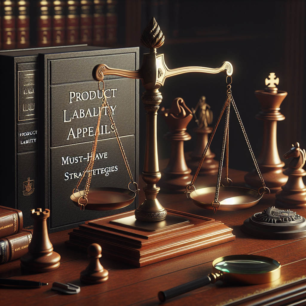 Create an image showcasing a metaphorical representation of 'Product Liability Appeals: Must-Have Winning Strategies'. Show a set of balanced scales on a sturdy oak desk symbolizing justice. Nearby, have leather-bound books titled 'Product Liability' and 'Winning Strategies'. Add to the scene objects representing strategies like a sturdy shield (defense), a magnifying glass (scrutiny), and a chess knight (tactical maneuver). The scene should be captured with natural lighting and soft shadows.