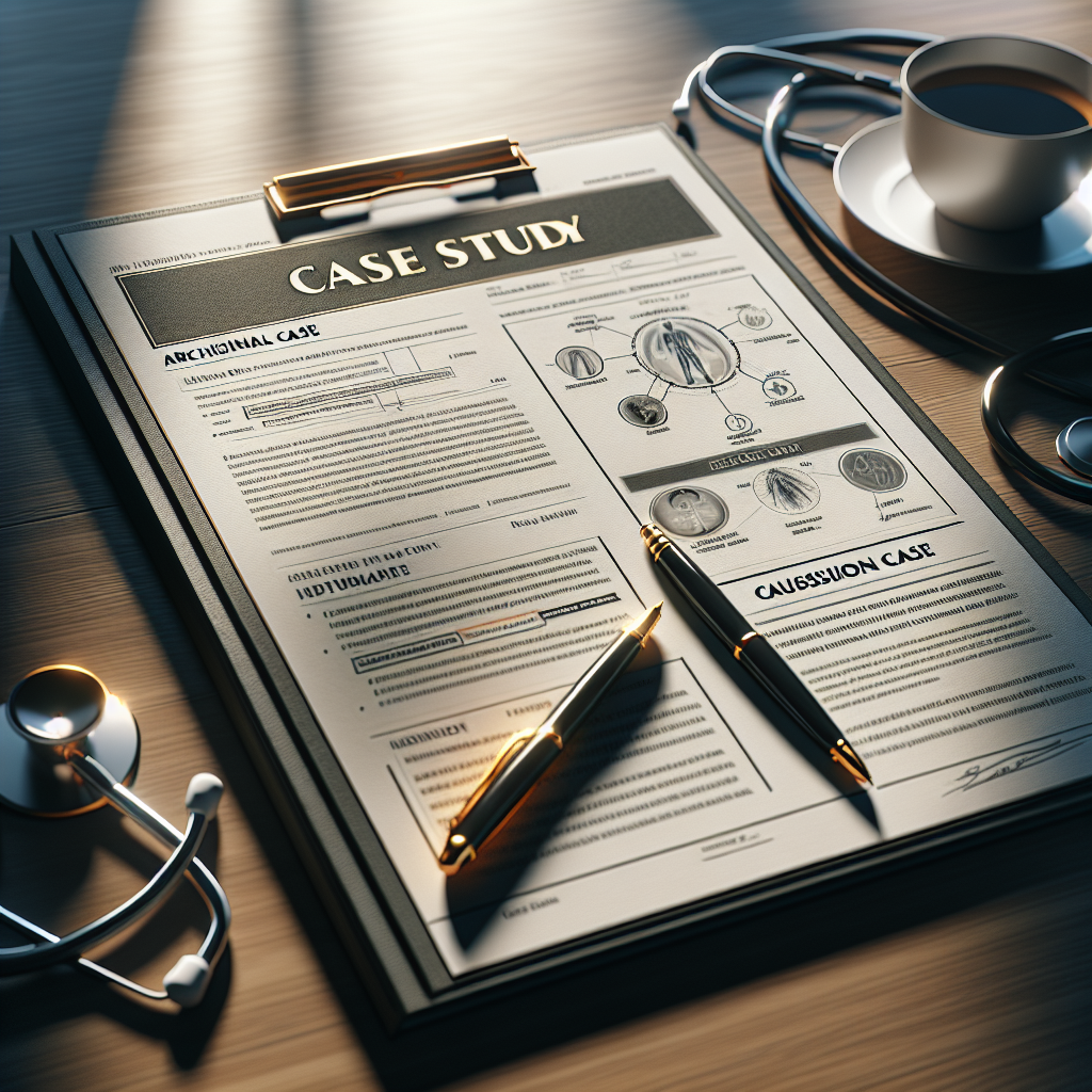 A sophisticated picture unfolds of a medical case study, where the archival document brilliantly captures the narrative of a successful causation case related to an injury. The document, resting on a smooth wooden table with natural light illuminating it casting soft shadows, contains highlighted texts, diagrams, and images representing the patient's journey. Close by, sits a stethoscope, suggesting the medical context. Also, it's visible the pen that was used to write, and rings of a coffee mug, symbolizing hours of detailed work. The overall aesthetic should be high-quality and photorealistic.