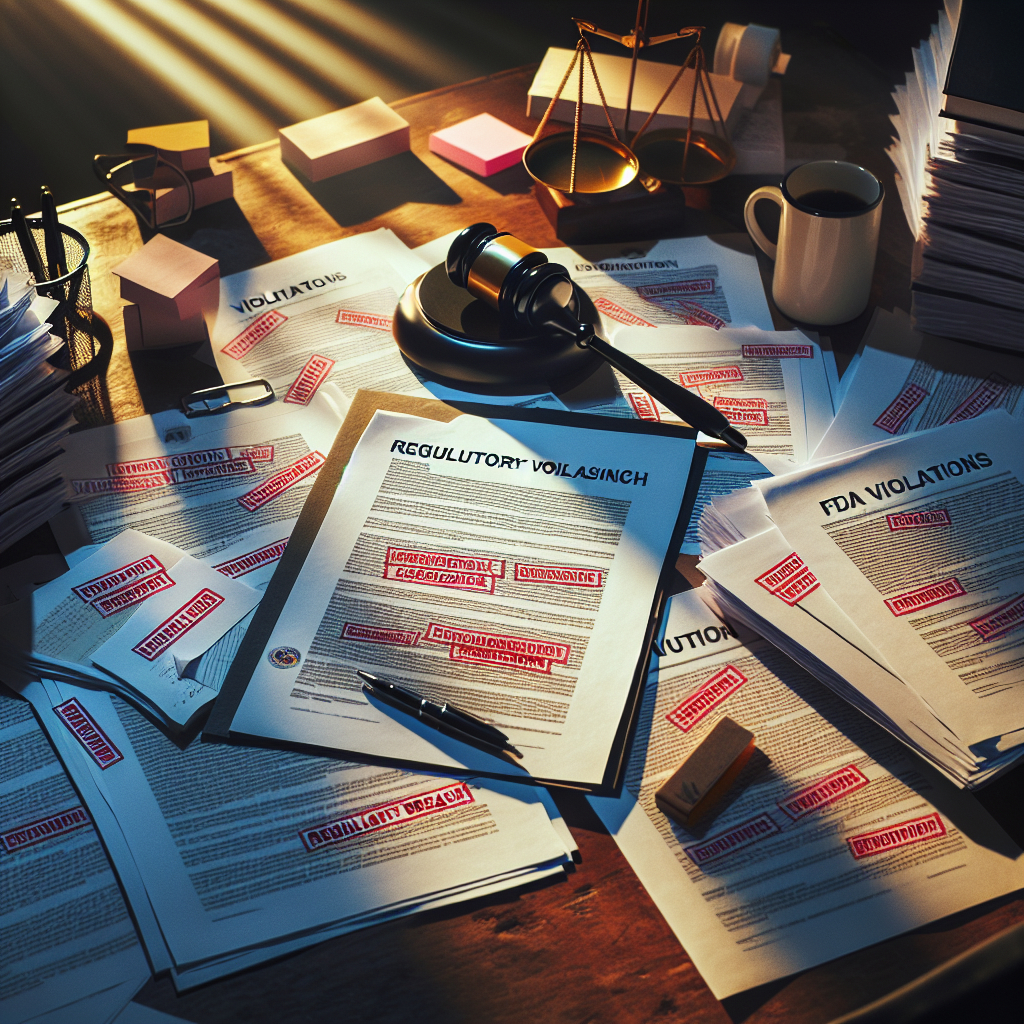 Create an image that conveys a dramatic scene of regulatory oversight. Show a well-lit workspace with scattered official documents highlighting 'FDA Violations'. Incorporate intense natural lighting and soft shadows to emphasize the severe nature of the discovery. Some of these papers should be dramatically marked with red ink to denote 'Regulatory Breach'. The workspace could include elements such as coffee cups, glasses, pens, post-it notes etc. Reinforce the shock factor with evidences of hurried activity such as pages haphazardly scattered or hastily scribbled notes.