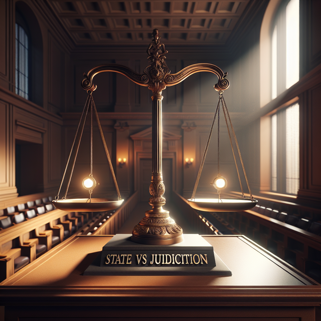 Create a detailed, photorealistic image showcasing a metaphorical representation of State and Federal jurisdiction. Highlight the contrast with a balanced scale where one side represents State jurisdiction and the other symbolizes Federal jurisdiction. The scale is placed in the middle of a classical court room, illuminated by natural lighting filtering through large windows, casting soft shadows on rich wood paneling. On the side of the scale leaning slightly downward, indicating the 'Best Venue Choice', locate a glowing beacon, subtly revealing the optimal choice.