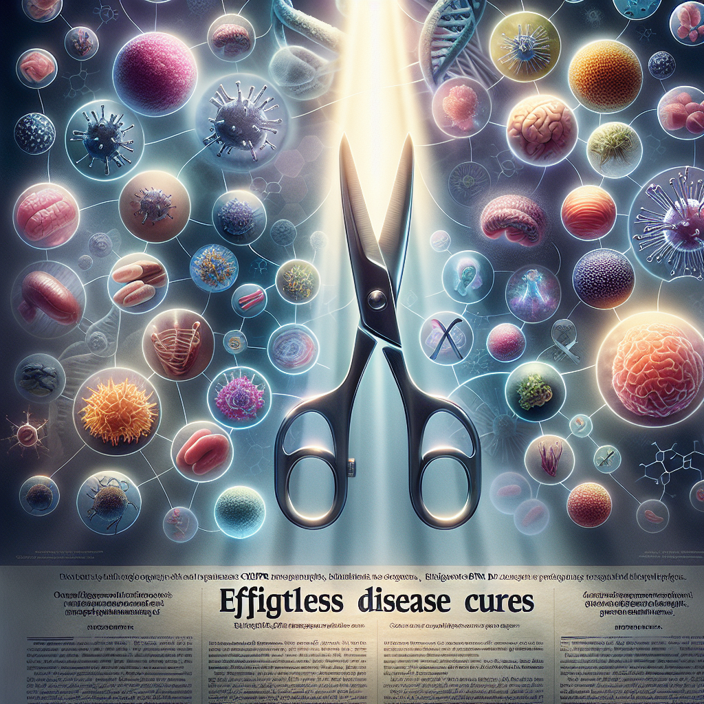 Imagine a detailed, high-quality, photorealistic image illuminated by natural lighting and softened by subtle shadows. In the center, a symbolic representation of CRISPR – perhaps a pair of precise molecular scissors snipping at the DNA helix. To one side, numerous images of various diseases (symbolized by well-recognized icons like a bacteria, virus, or cancer cells) are fading away, indicating potential cures. To the other side, the word 'Epigenetic' is emblazoned in bold text, overlaid with serene, hopeful light, signifying the breakthrough. At the base, a headline boldly exclaims 'Effortless Disease Cures'.