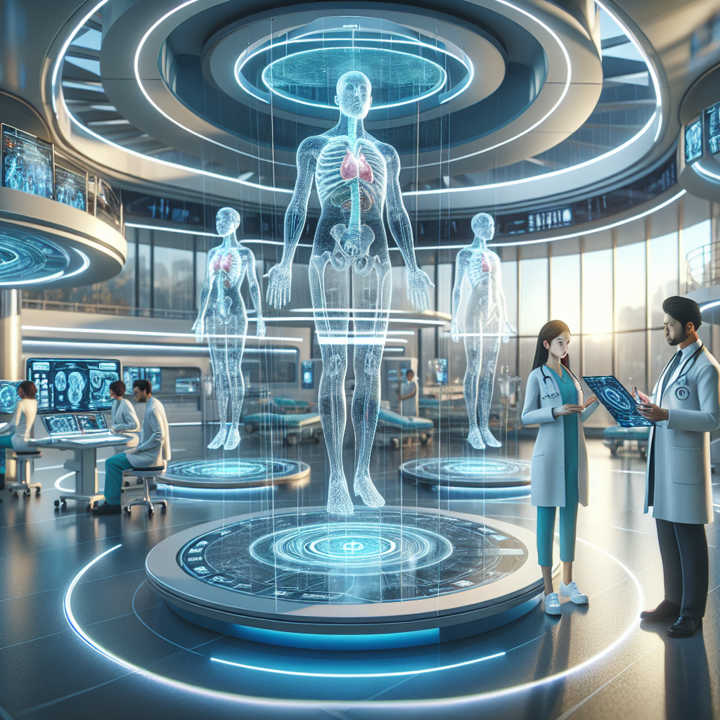 Imagine a futuristic scene showcasing the next generation of AI Medical Copilots. It is the year 2025, and vast strides have been made in medicine through artificial intelligence. On the scene: a modern hospital filled with innovative equipment, medical helpers portrayed by both a middle-Eastern woman and an Asian man. Displaying the AI Medical Copilots: holographic displays portraying intricate 3D models of the human body, each detail being meticulously analyzed by the AI's advanced algorithms. The setting is beautifully illuminated with natural lighting, producing soft shadows and enhancing the overall realism. Medical staff and patients look on in awe at the stunning breakthroughs.