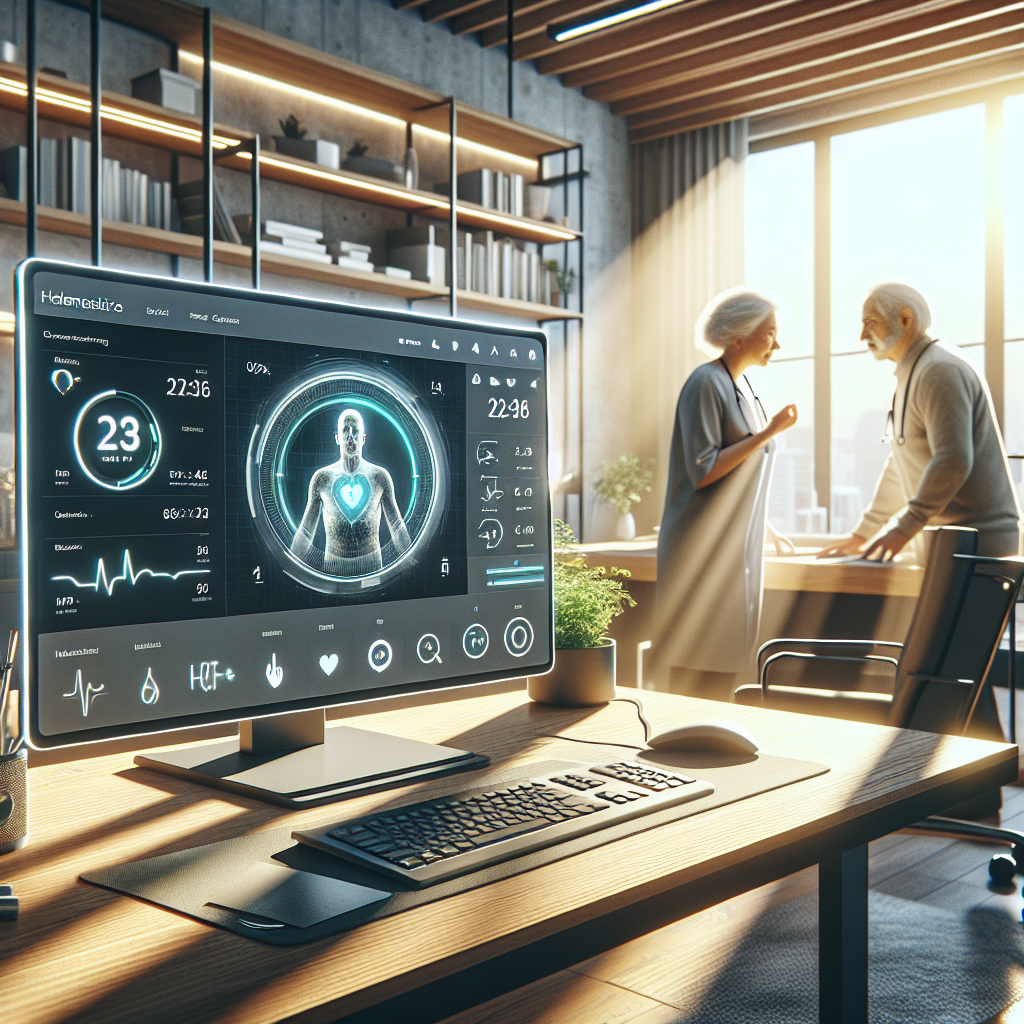 Generate a high-quality, photorealistic image of a telemedicine scene, showcasing a breakthrough in chronic disease management. Picture this: a modern home office setting bathed in natural sunlight, casting soft shadows. In the foreground, an advanced computer system displays an intuitive user interface for remote health monitoring. The screen presents real time health metrics, such as heart rate and glucose levels, through vivid, easy-to-understand graphics. An average-sized Middle-Eastern elderly man is shown experiencing the technology, while a Caucasian female healthcare professional is assisting him from a distance, via a video call on the screen.