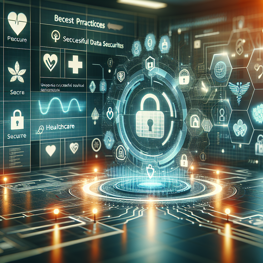 A high-quality, photorealistic image depicting the concept of healthcare cybersecurity. The scene includes a futuristic digital interface with visualizations of secure data transfers, healthcare symbols and locks. The emphasis is on best practices, shown with unique successful data security measures like encrypted code and firewall symbols. There's a balance between technological elements and healthcare themes, gracefully merging together. The effects of natural lighting and soft shadows are used to amplify the modern, high-tech atmosphere.