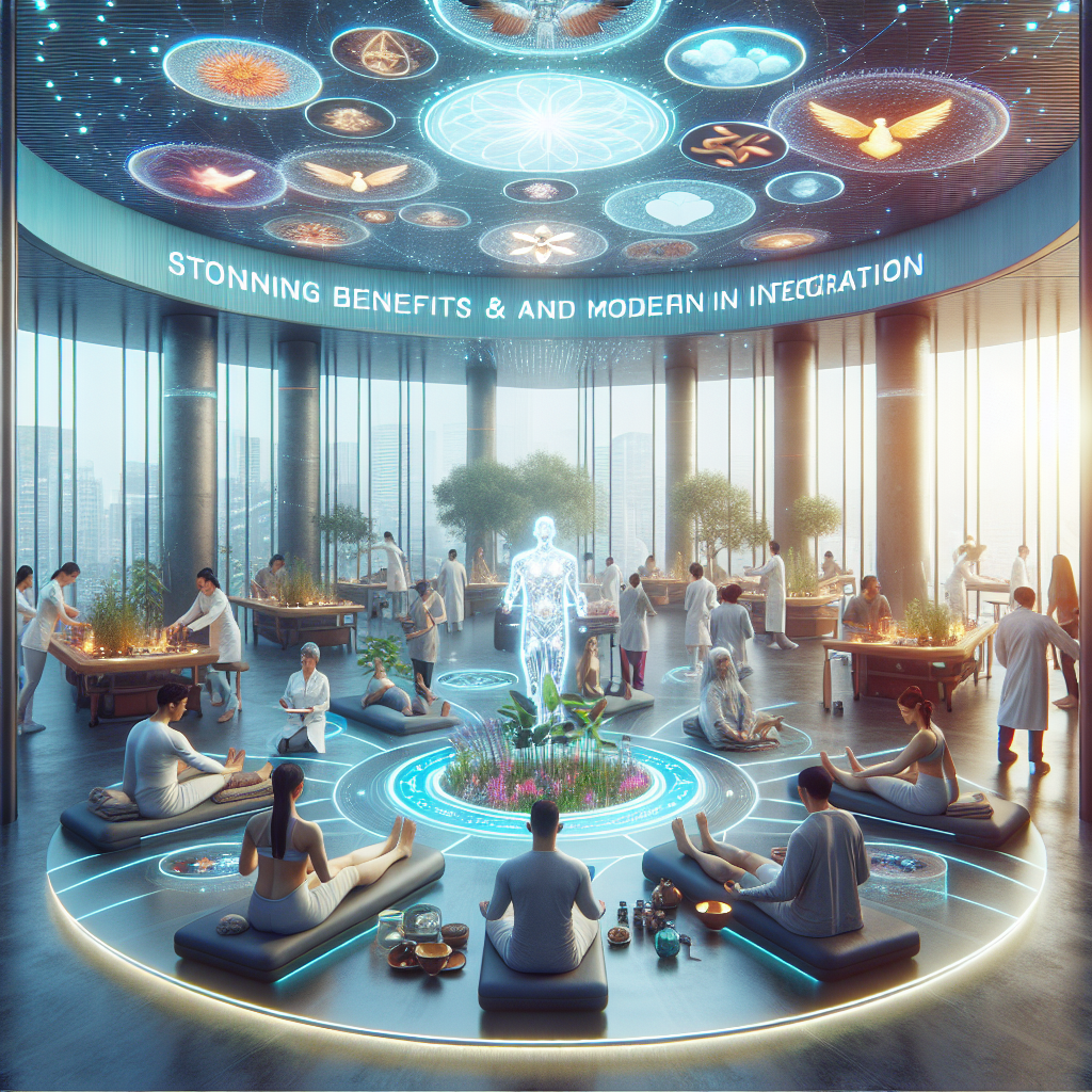 A futuristic view of holistic medicine in the year 2025. The visual should convey stunning benefits and modern integration. The scene could be a bustling clinic where various holistic treatments are being performed. The picture can feature a diverse range of patients of different genders and descents, engaged in activities such as acupuncture, massage therapy, herbal medicine consultation, and yoga therapy. The clinic's interior should reflect a synergy between technology and traditional practices - perhaps tablets and holograms are being used alongside traditional herbal ingredients and ancient medical instruments. Natural lighting filters in, casting soft shadows, giving the space a warm and inviting ambience.