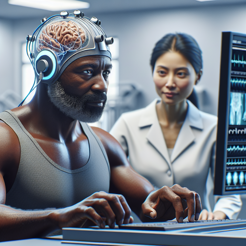 Create a high-quality, photorealistic image with natural lighting and soft shadows depicting the following scene: In a clean, modern rehabilitation center, a middle-aged, African male patient is using a Brain-Computer Interface (BCI). His concentration is intense, illustrating the effort and determination in his journey of recovering from a stroke. The BCI equipment is cutting-edge, an emblem of a stunning breakthrough in stroke recovery and rehabilitation techniques. Nearby, a female therapist of South Asian descent is closely monitoring his progress on a high-tech screen, her expression one of professional interest and hope.
