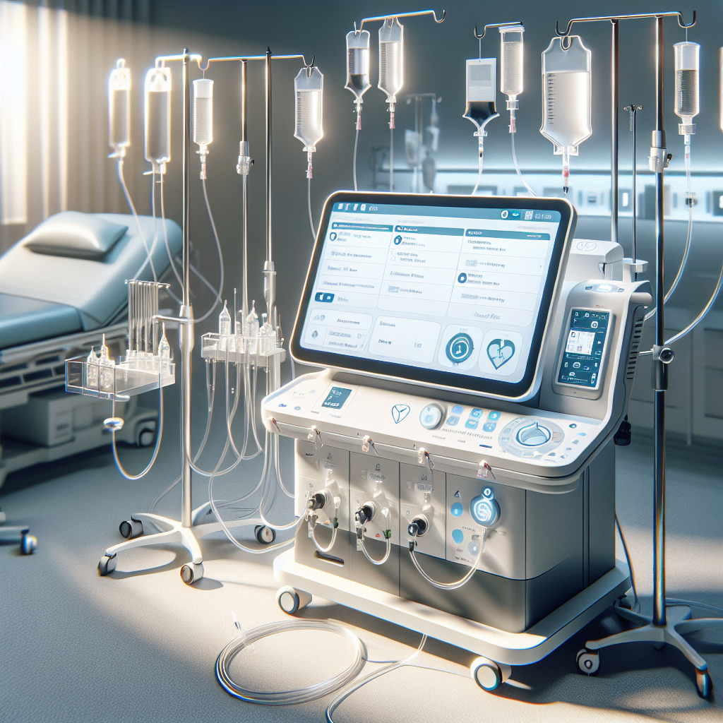 Depict a cutting-edge IV training simulator, the latest tool designed for perfect precision and safety. It should be highly detailed, signifying its high quality and superior craftsmanship. It should be placed in a clean, well-lit clinical setting with soft, natural light casting gentle shadows. Emphasize the technological advances within its design and how it provides error-free safety to ensure utmost patient care. Include various components like tubes, a simulated arm for practice, a screen displaying the simulated blood flow and other related accessories that would accompany this tool.