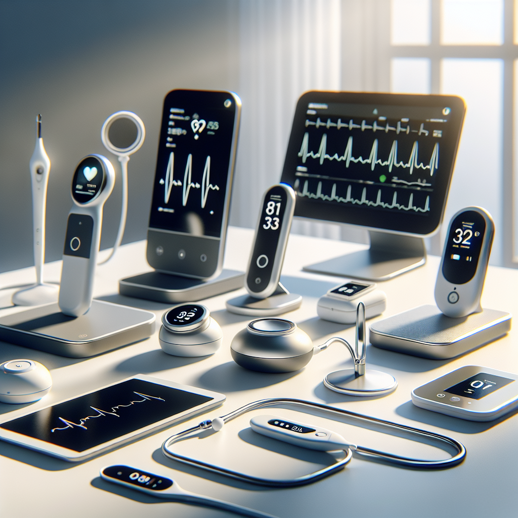 Create a photorealistic image showcasing an array of Point-of-Care (POC) devices, arrayed on a clean, modern desk. The devices are designed for remote patient care, highlighting a focus on efficient and timely health service access. They include various medical devices such as heart monitors, digital thermometers, and telemedicine devices. The image is bathed in natural light flooding from a nearby window, casting soft shadows and creating a serene, almost therapeutic ambiance.