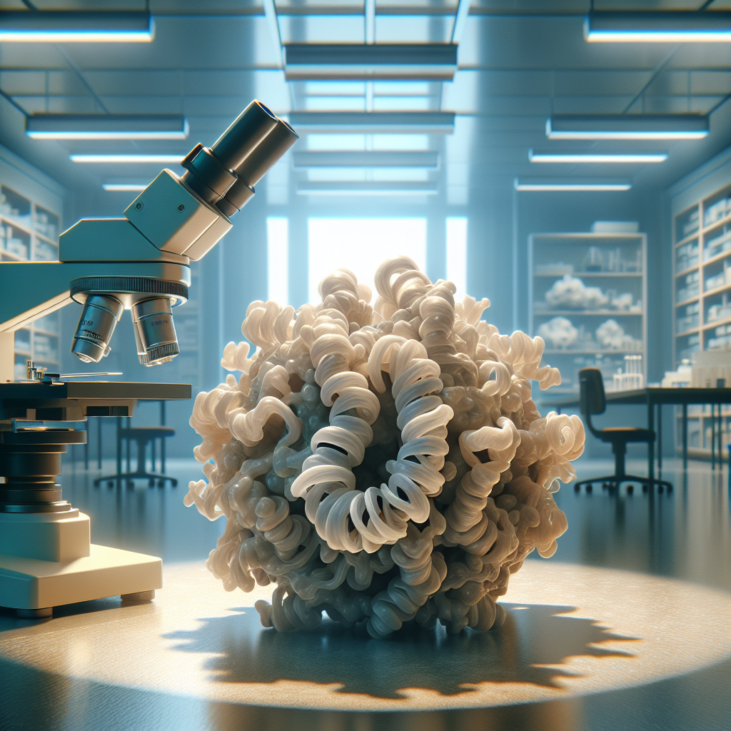 A high-quality, photorealistic representation of SNF2H, an important protein closely related to Cryo-EM technology. It's visualized as if seen through a powerful microscope, enhanced with natural lighting and soft shadows. In the background, include a nondescript, modern lab setting, suggesting an atmosphere of scientific breakthrough without specifically placing it at any known institution.