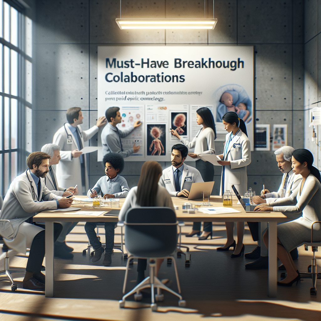 A photorealistic image emphasizing natural lighting and soft shadows. The setting is a medical conference room, suggesting a crucial meeting about pediatric oncology trials. A diverse group of scientists, researchers, and medical professionals are present; include a white male doctor sharing ideas on a whiteboard, a Black female researcher analyzing some document, an Asian male statistician examining data on his laptop, and a Hispanic female nurse jotting down notes. On the wall, a banner reads: 'Must-Have Breakthrough Collaborations'. The entire scene signifies collaboration towards the emergence of new breakthroughs in pediatric oncology.