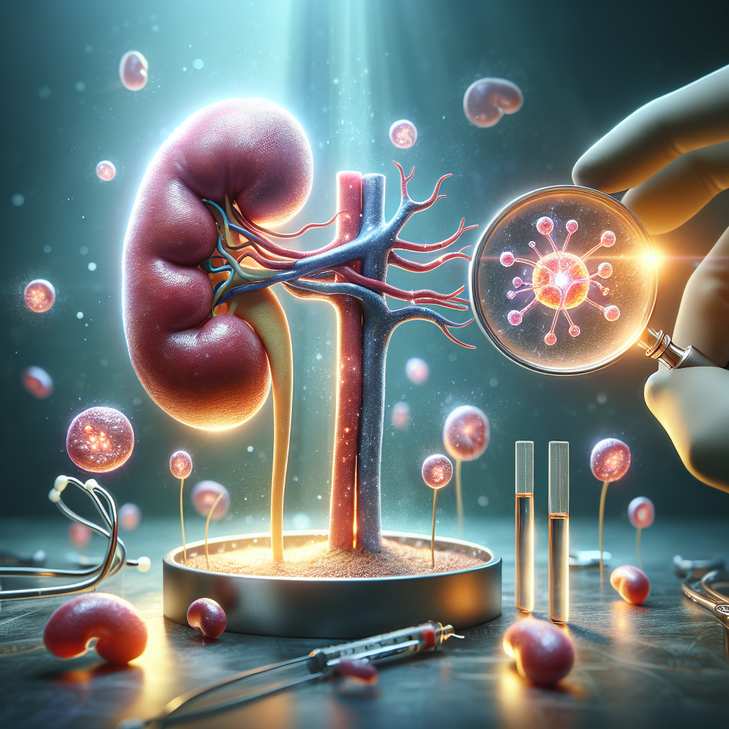 Create a stunning and high-quality photorealistic image portraying a breakthrough in medical science focusing on kidney therapy. Within the image, there should be a display of a human kidney under natural, soft lighting, which illuminates the intricate details of the organ. Also, include a magnified, symbolic representation of PKD antibodies interacting with the kidney, indicating the benefits of the therapy. Let the overall atmosphere of the image convey a sense of hope and significant scientific progress. Please do not include any identifiable Figures or logos.