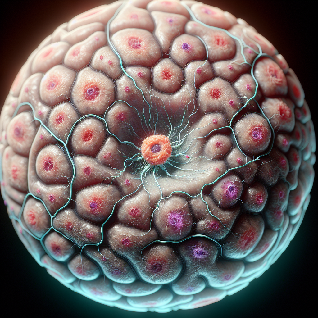 Generate a high-quality, photorealistic image that showcases the early stages of cell damage due to hypertension in the brain. The image should emphasize the pathology in a close-up view of the brain cells under microscopic magnification. Using a color scheme to highlight the damaged areas, the image should also capture the intricate network of neurons and glial cells. Natural lighting and soft shadows should be used to add depth and detail to the presentation.