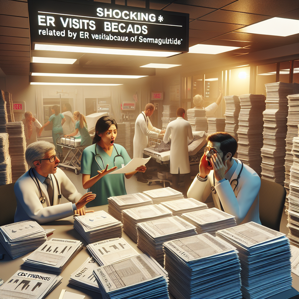 Generate a high-quality, photorealistic image portraying the concept of shocking findings related to ER visits because of Semaglutide. The scene should be set inside an emergency room illuminated by natural lighting and softened shadows. Please include elements such as surprised healthcare professionals reviewing statistical data, stacks of medical reports piled high, and clear visuals of the terms 'Semaglutide', 'ER Visits', and 'CDC Findings'. The emotions of the characters and the atmosphere should reflect the urgency and seriousness of the situation.