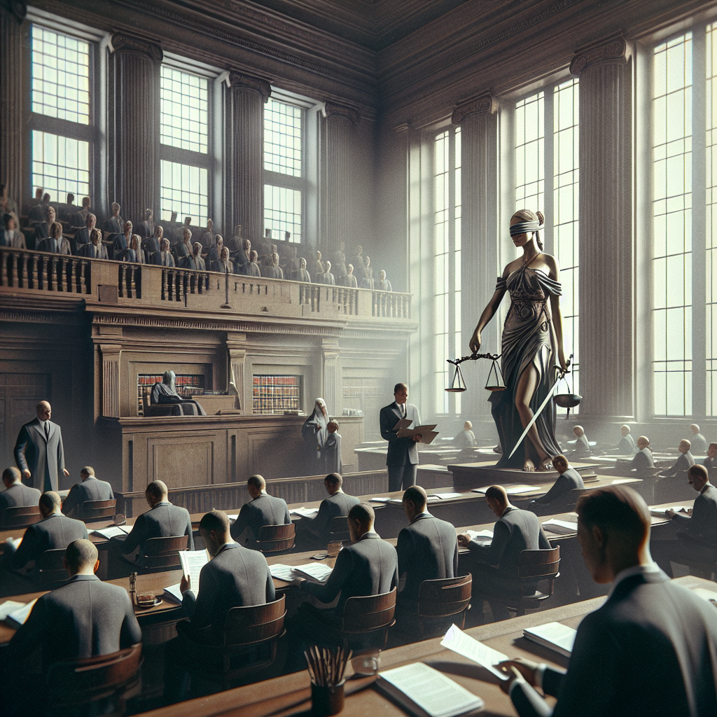 A photorealistic image of a solemn courtroom scene during a court case known as 'Depo Meningioma State Suits'. The scene is set in a classic New York courtroom with high ceilings, tall windows allowing natural light to filter in and create soft shadows. In foreground, lawyers carrying document-filled briefcases, discussing among themselves, indicating the gravity of 58 cases. In the background, the figure of lady justice, blindfolded, holding scales and sword. Her presence contrasts with the bustling scene, serving as silent reminder of the core purpose of the proceedings - justice.