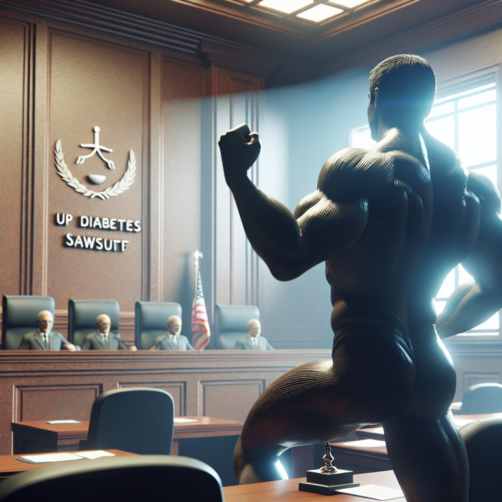Generate a high-quality, photorealistic image that illustrates a courtroom scene with soft lighting and shadows. In the foreground, depict a victorious individual of unidentified gender, who is could be Bryce Martinez. Capture the moment of triumph for this person in the midst of a case related to diabetes. Include imagery such as court documents marked with 'UPF Diabetes Lawsuit' to provide context.