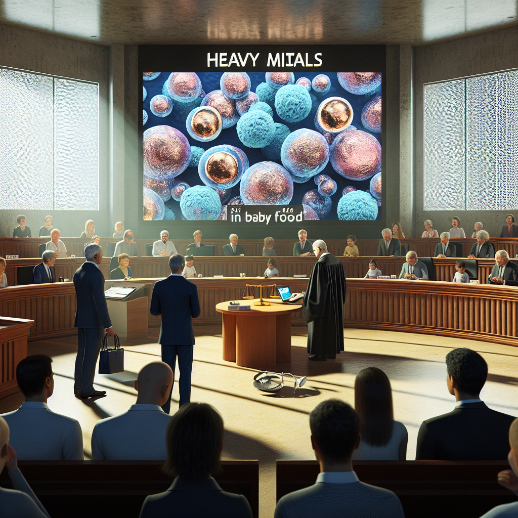 Visual representation of a 2025 courtroom scenario focused on a legal trial revolving around the issue of heavy metals in baby food. The scene contains lawyers and judges discussing evidence, a large projection screen showcasing microscopic images of heavy metals found in food, and concerned spectators in the background. The room is bathed in natural lighting, casting soft shadows across the room.