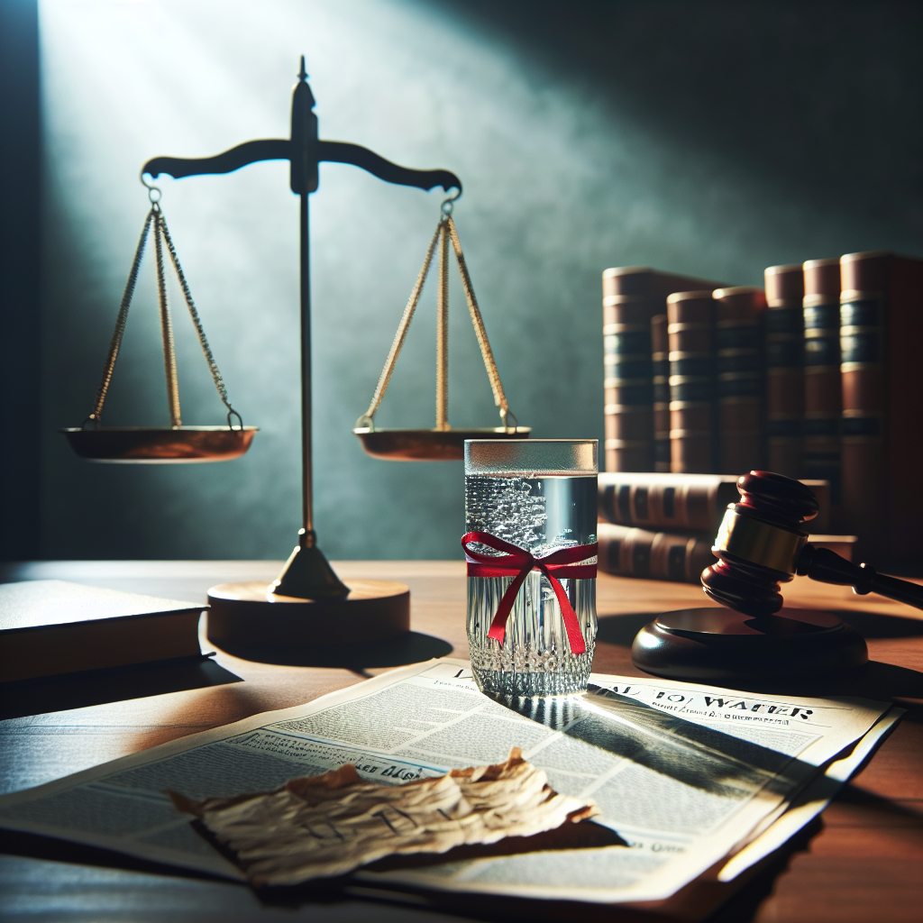 A scene symbolizing a legal case related to alleged toxic exposure. In the foreground, there is a very realistic still life of a glass of water placed on a table, with the light from a nearby window creating soft shadows. The background contains a balance scale, symbolizing justice, and a gavel, both on a wooden desk. The atmosphere is serious and the lighting natural. A newspaper clipping tied with a red ribbon lies near the balance scale, with the headline 'Shocking Toxic Exposure Cases'. There are books of law on the desk, and a parchment with the words 'Real Water' written on it.