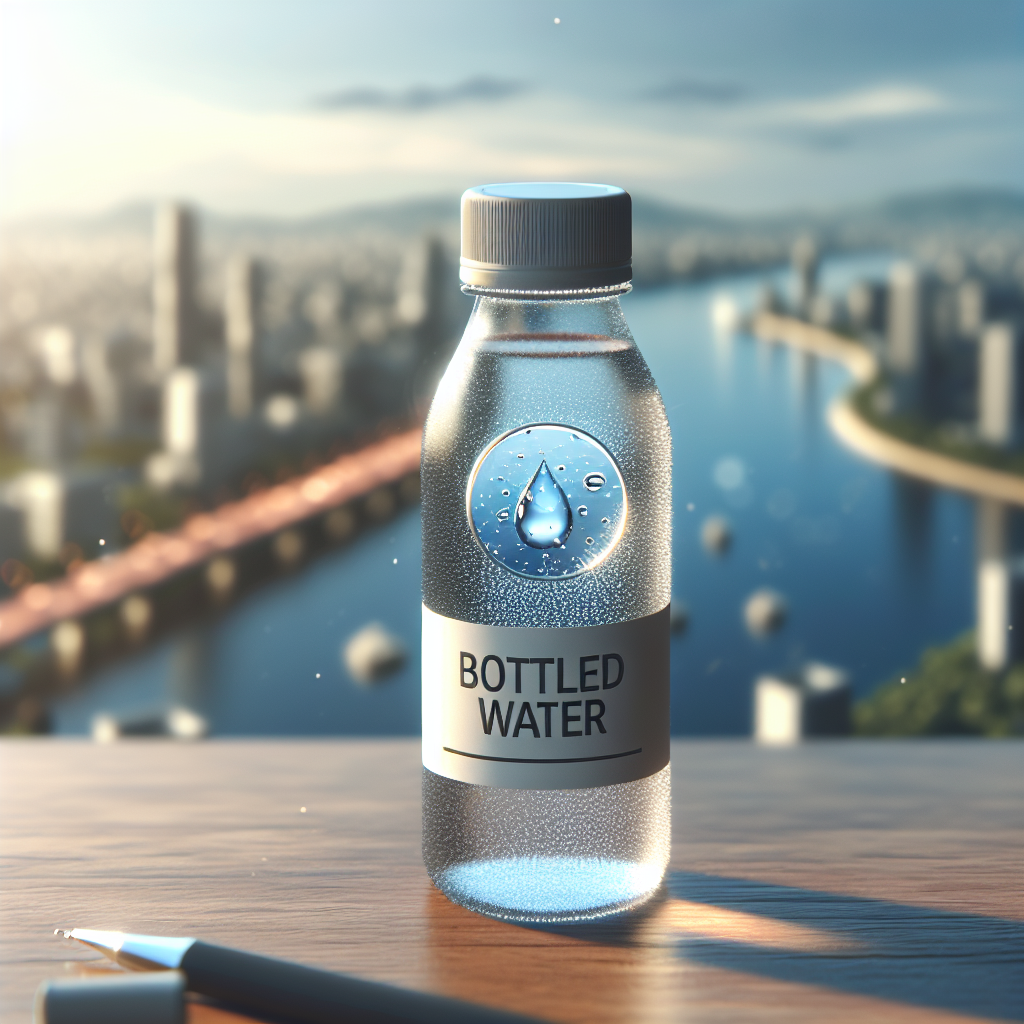 Create a highly realistic image of a bottle labeled 'Bottled Water' in an environment with natural lighting casting soft shadows. Make sure to show tiny particles magnified from a drop of water, suggesting the idea of potential risks in bottled water.