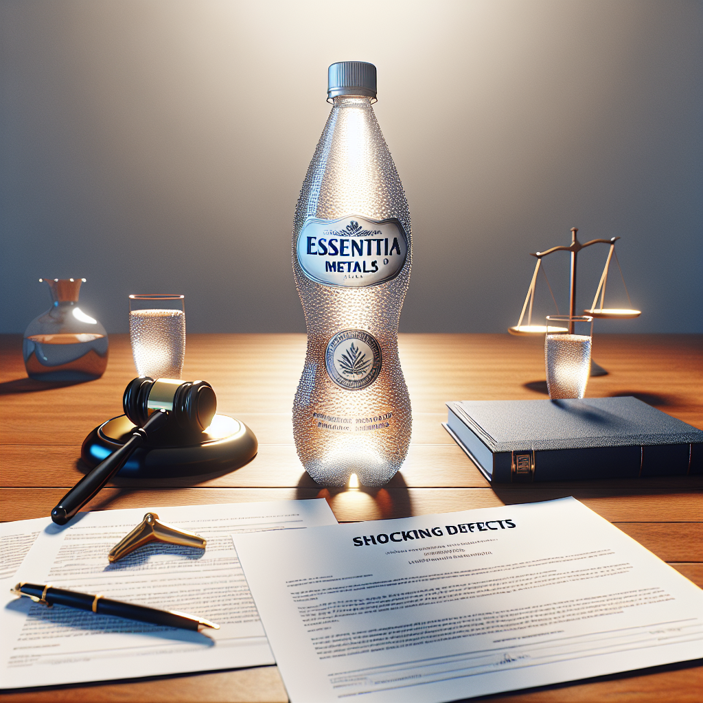 Generate a photorealistic image that portrays a metaphorical depiction of a lawsuit involving a premium water brand named 'Essentia Metals'. The image should convey the idea of 'shocking defects' in a subtle, symbolic manner. Feature the appropriate legal documents scattered across a neat wooden table, a fancy water bottle with apparent defects standing out in the center. Utilize natural lighting and soft shadows to enhance the dramatic effect.
