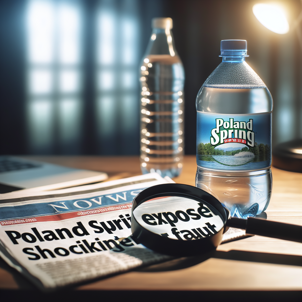 A detailed visual representation of a news headline; 'Poland Spring Suit Exposed: Shocking Water Fraud'. The scene includes a water bottle with an investigative magnifying glass near it on a wooden desk, the background is blurred out. The ambiance is complemented with natural lighting and soft shadows.