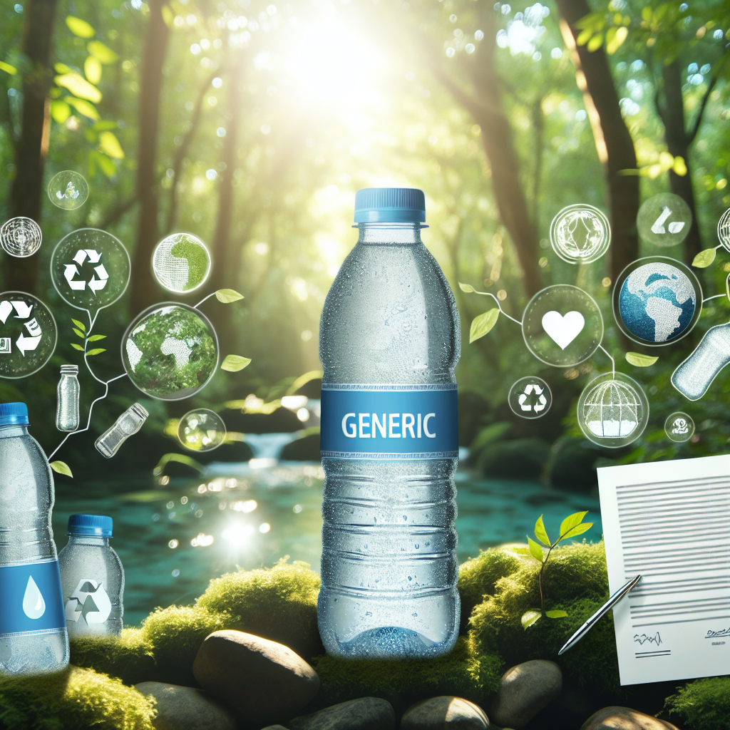 Craft an image that represents the concept of environmental controversies associated with bottled water, focusing on a generic brand. Display a bottle of crystal clear water from a pristine spring, surrounded by nature. Include symbols that denote environmental impact, such as recycling symbols and illustrations of the carbon footprint. Incorporate a juxtaposing element like a legal document implying a lawsuit. Use natural lighting and soft shadows to create a photorealistic appearance.