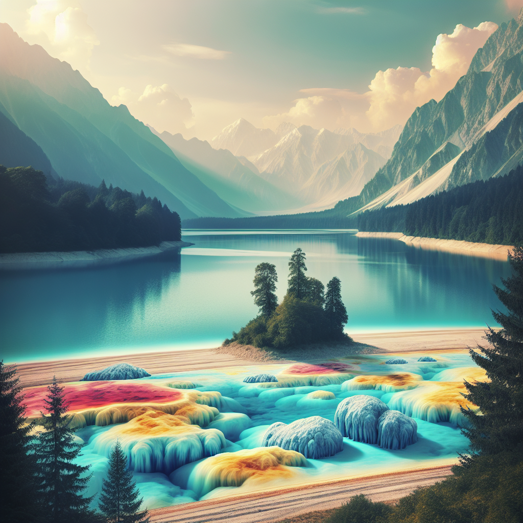 Depict a scene that portrays the concept of chemical contamination in a lake, using visual metaphors to signify PFAS (per- and polyfluoroalkyl substances). The image should show a stunning, photorealistic view of the lake, surrounded by beautiful yet forlorn nature. Contrast this with elements that signify contamination, perhaps through color or unusual forms in the water. Use a gentle, natural light setting with soft shadows to enhance the stark contrast between pristine nature and the encroachment of pollution.