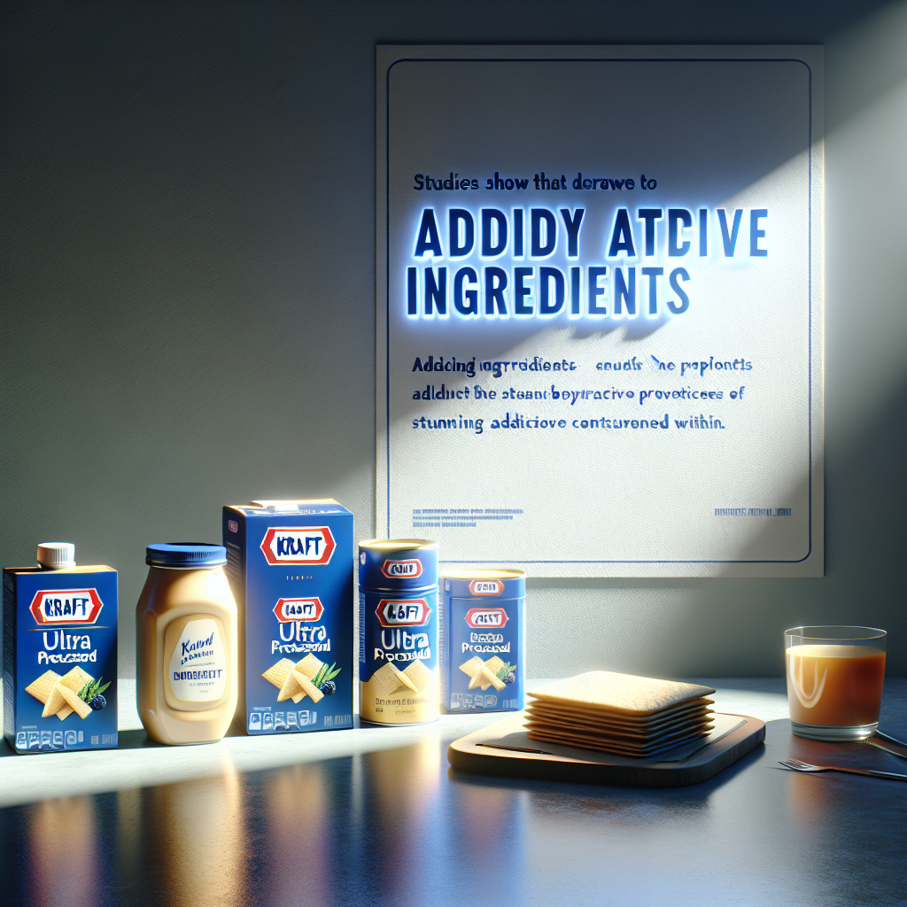 A photorealistic image highlighting 'Kraft Ultra Processed' products, staged in a natural light setting. The scene features these products placed on a countertop with soft shadows depicted across the objects, serving as a testament to the quiet domestic beauty of everyday products. Studies show that consumers are drawn to the allure of 'addictive ingredients'- a phrase displayed in large, prominent typography forewarning the stunning addictive properties contained within. The ingredients in these products are laid out next to them, their perhaps eyebrow-raising allure emphasized by glowing highlights, enabling an alert to patrons of the possible addiction.