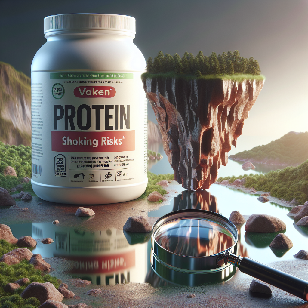 Create a photorealistic image that illustrates the concept of potential risks in vegan protein, with the focus on 'Naked Nutrition'. The image should utilize natural lighting and soft shadows. Perhaps depict a vegan protein powder container with a perilous, rocky landscape reflected on its surface, symbolizing the 'Shocking Risks'. Extra details such as a magnifying glass scrutinizing the ingredient list can add an element of investigation and concern.