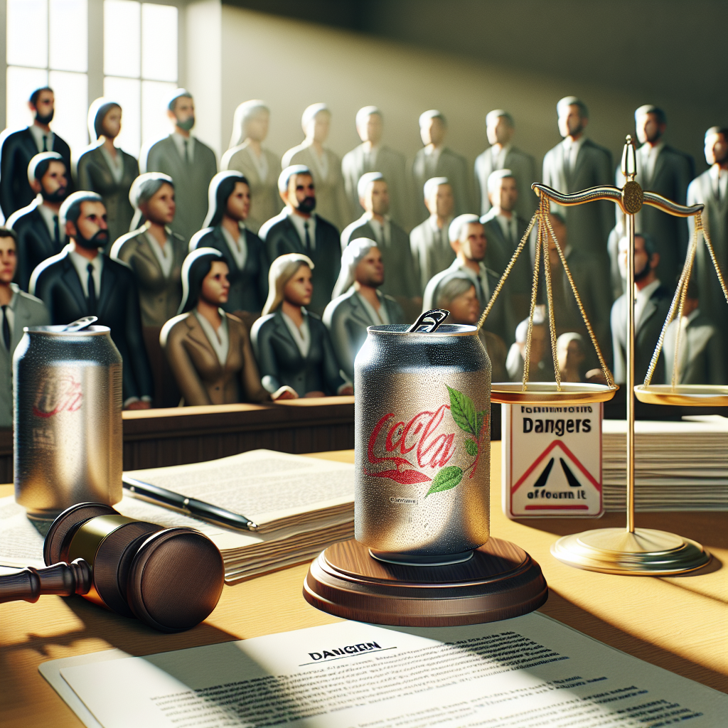 Create a highly detailed and photorealistic image which illustrates a courtroom setting with natural lighting and soft shadows. Include some highlighted elements like a gavel, paperwork, legal documents, a can of unnamed carbonated drink, a warning sign suggesting dangers in it, and a crowd of concerned individuals.