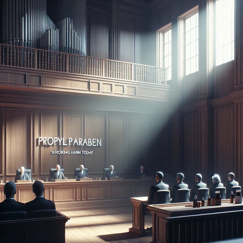 A high-resolution, photorealistic image illustrating a courtroom scene with a focus on the Propylparaben lawsuit. The scene is bathed in natural light falling from tall windows, casting gentle, soft shadows around. The setting includes a wooden gallery, where a diverse group of people sit, an imposing judge's bench, the witness stand, and lawyers presenting the case. The intense atmosphere is palpable, hinting at the shocking harm unveiled today in relation to Propylparaben, a controversial substance often found in cosmetics and personal care products.