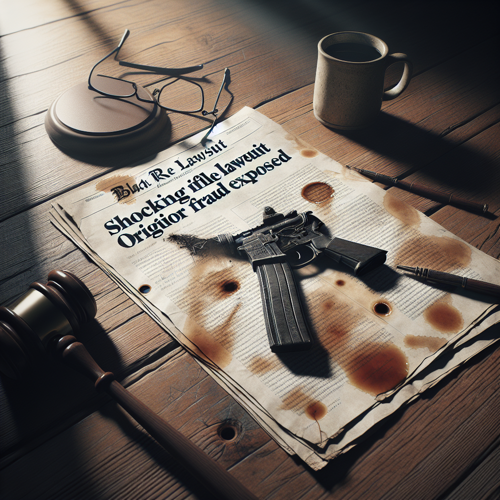 A photograph-like image of a lawsuit document sprawled out on a vintage wooden table, with a headline reading 'Black Rifle Lawsuit: Shocking Origin Fraud Exposed'. The document appears to be stained with coffee rings. Nearby is an idle gavel, and a pair of old-fashioned spectacles sits on top of the document. Natural light pours in from a nearby window, creating soft shadows that add depth to the still-life scene.