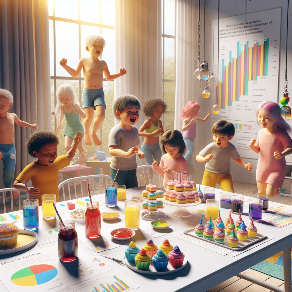 Generate a highly-detailed, photorealistic image illustrating the concept of food dye affecting children's hyperactivity. The scene should feature a diverse group of children, of varying genders and descents such as one Caucasian boy, one Hispanic girl, one Middle-Eastern boy and South Asian girl, in a brightly lit environment with soft shadows. They are variously engaged in hyperactive behaviors — perhaps running, jumping, or fidgety movements. On a table in the foreground, there are several food items, brightly colored with artificial dyes, such as cupcakes, jelly, and juice. Around the scene, include visual representations of facts and data, such as bar graphs or pie charts, that provide information about the correlation between food dyes and ADHD.