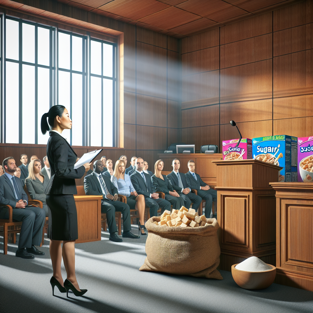 In a visual representation of a typical courtroom scene, depict an authoritative Asian female lawyer presenting the revelations she has discovered about the deceptive advertising claims made about sugary breakfast cereals. Her stance should be stern, projecting an air of justice. The courtroom should contain onlookers representing various descents as well as many evidences such as overwhelmingly large cereal boxes, exaggerated nutrition fact labels and possibly sugar sacks. The light streaming in from the courtroom windows should be natural and create soft shadows. Overall, the image should encapsulate the gravity of a food industry lawsuit.