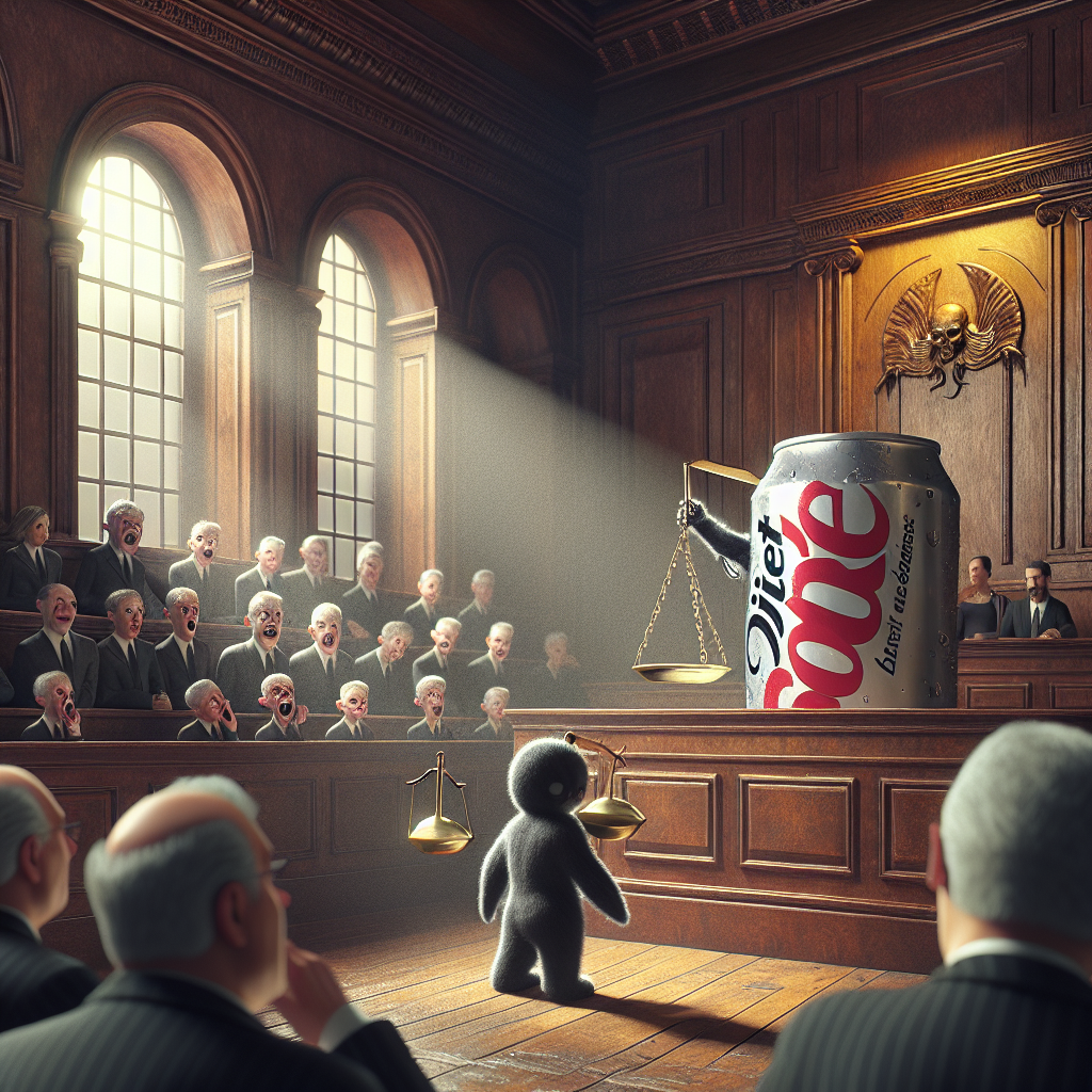 Visualize a dramatic representation of the topic 'Diet Soda Lawsuit: Shocking Truths in Addictive Sweeteners'. The image should portray a courtroom scene where a soda can labelled 'Diet Soda' stands accused. The soda can should appear shocked and anxious. Also include elements symbolic of additives, potentially in the form of small demon-like characters whispering into the can's nonexistent ear. The court, rich in antique wood textures, should be filled with observers expressing concern and surprise. Natural lighting should stream through arched windows, casting soft shadows across the tense scene.