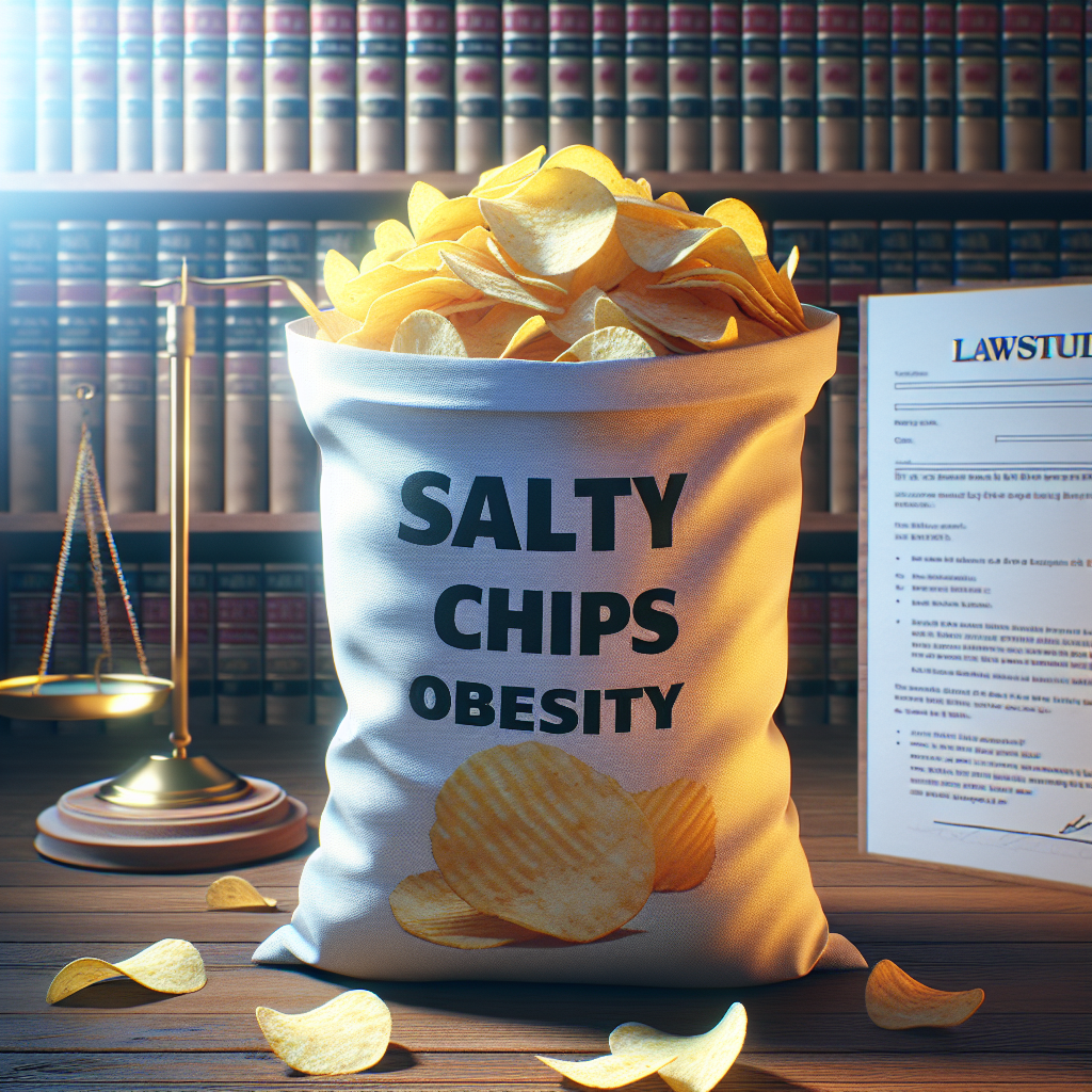 Visualize a photorealistic image illustrating the concept of 'Salty Chips Obesity'. Picture an overflowing bag of potato chips with high sodium content, under the natural lighting. Focus on the sharp textures and vibrant colors of the chips. Add a backdrop of legal documents hinting at a surge of lawsuits related to unhealthy snacks. Ensure the display has soft shadows lending depth to the image.