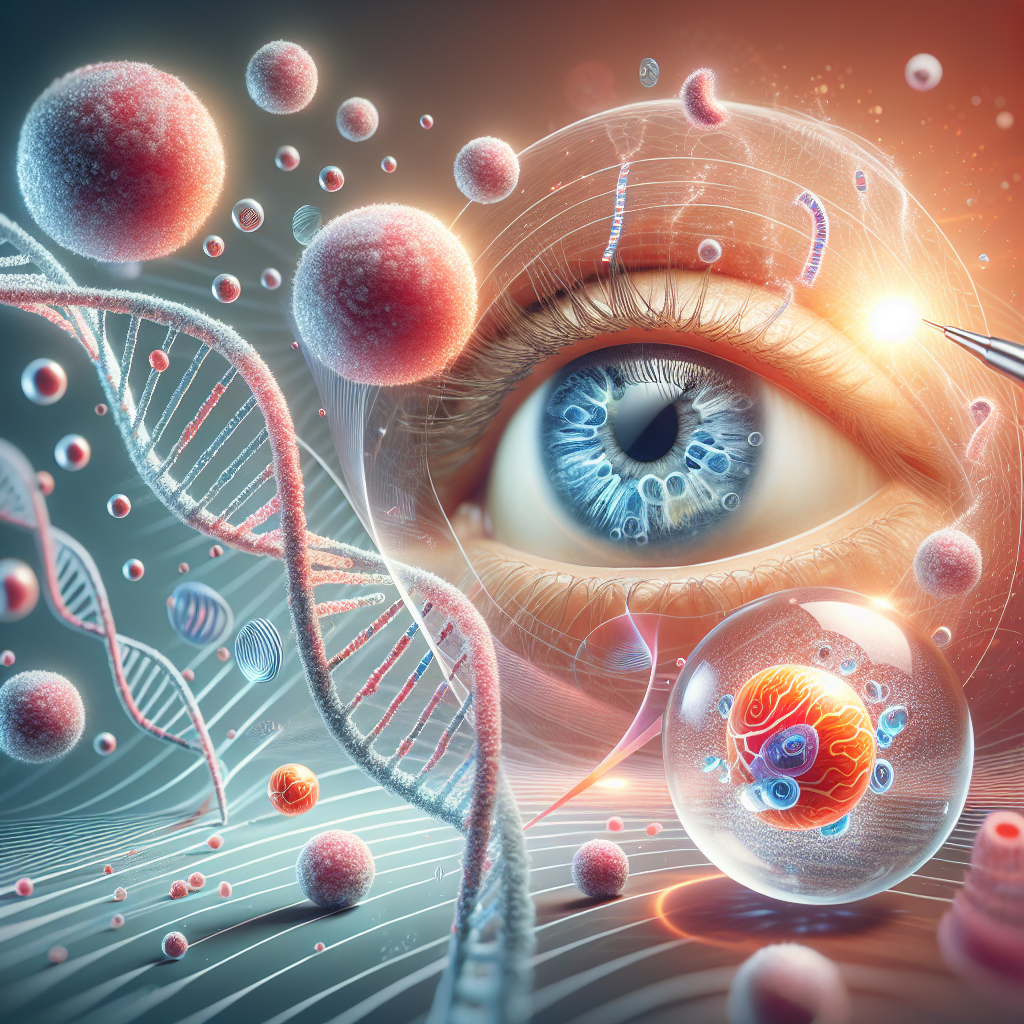 Create a photorealistic image showing the concept of a breakthrough in a stunning trial, related to stem cell therapy for macular degeneration. The image should represent an abstract concept of scientific innovation. Feature imagery of microscopic cells, a DNA helix, and a human eye to highlight the area of medical advancement. Use natural lighting and soft shadows for artistic effect.