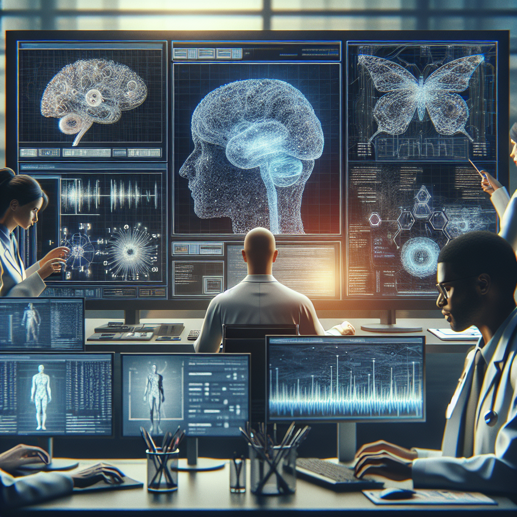 Create a highly detailed and photorealistic image illustrating the concept of neuromorphic computing being used in the care of ALS (Amyotrophic lateral sclerosis) patients. The scene should feature an advanced computer setup with complex diagrams and codes on the screen, signaling a profound breakthrough in the science field. There should be a team of diverse medical professionals, a middle-eastern female neuroscientist and a black male computer scientist, eagerly examining the data. Incorporate the concepts of medicine and tech seamlessly in the frame. The atmosphere should be filled with natural light, casting soft shadows that emphasize the gravity and depth of their work.